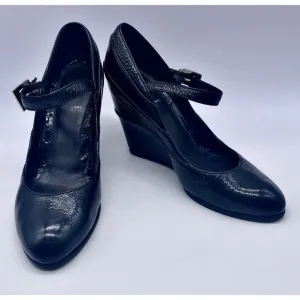 FENDI Black Leather Mary Jane Wedge Shoes, Italian Leather, Monogram Buc…