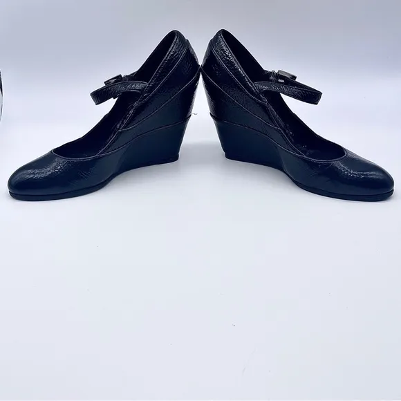 FENDI Black Leather Mary Jane Wedge Shoes, Italian Leather, Monogram Buc…