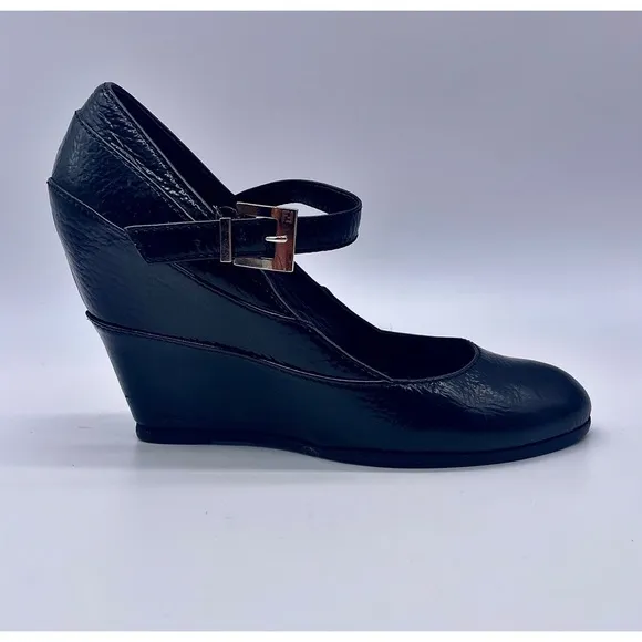 FENDI Black Leather Mary Jane Wedge Shoes, Italian Leather, Monogram Buc…