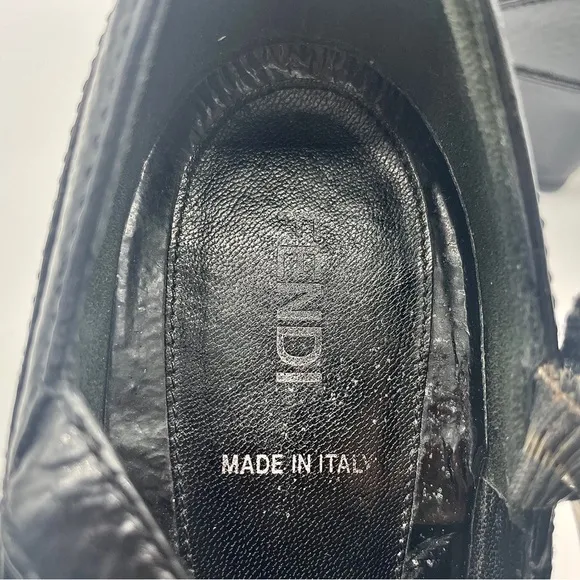 FENDI Black Leather Mary Jane Wedge Shoes, Italian Leather, Monogram Buc…