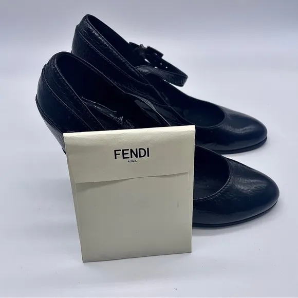 FENDI Black Leather Mary Jane Wedge Shoes, Italian Leather, Monogram Buc…