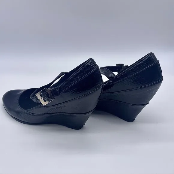 FENDI Black Leather Mary Jane Wedge Shoes, Italian Leather, Monogram Buc…