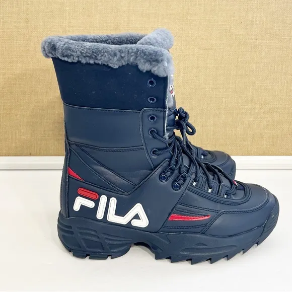 Fila Women's Disruptor Winter Faux Fur Boot Shoes Navy/Red/White Size 9