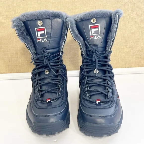 Fila Women's Disruptor Winter Faux Fur Boot Shoes Navy/Red/White Size 9