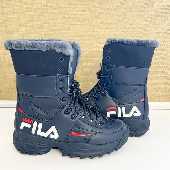 Fila Women's Disruptor Winter Faux Fur Boot Shoes Navy/Red/White Size 9