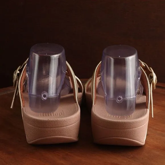 FitFlop Sandals Womens Size 11 Gold Lulu Adjustable Leather Slide Comfort Shoes