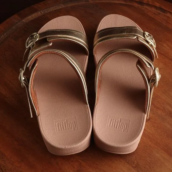 FitFlop Sandals Womens Size 11 Gold Lulu Adjustable Leather Slide Comfort Shoes
