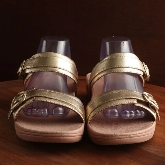FitFlop Sandals Womens Size 11 Gold Lulu Adjustable Leather Slide Comfort Shoes