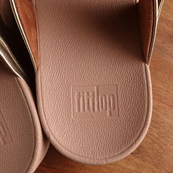 FitFlop Sandals Womens Size 11 Gold Lulu Adjustable Leather Slide Comfort Shoes