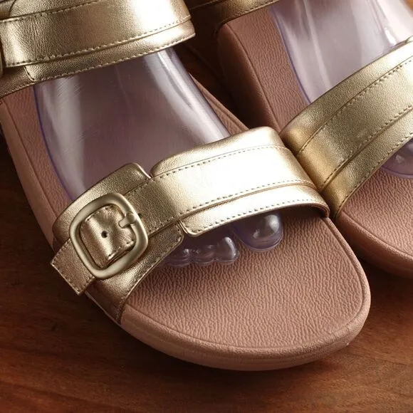 FitFlop Sandals Womens Size 11 Gold Lulu Adjustable Leather Slide Comfort Shoes
