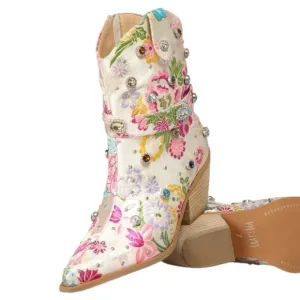 Florence Floral Rhinestone Embellished Cowgirl Boots, Sz: 8