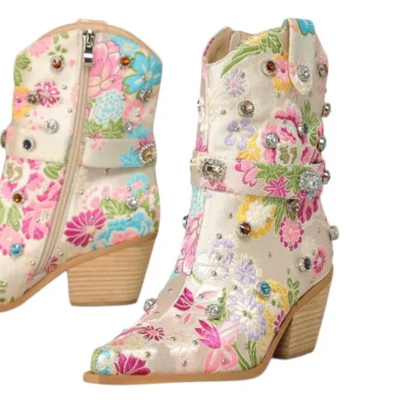 Florence Floral Rhinestone Embellished Cowgirl Boots, Sz: 8