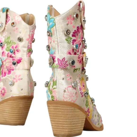 Florence Floral Rhinestone Embellished Cowgirl Boots, Sz: 8