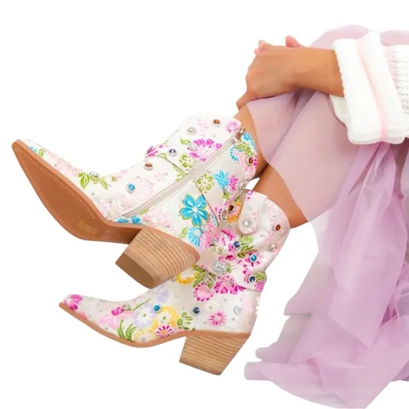 Florence Floral Rhinestone Embellished Cowgirl Boots, Sz: 8