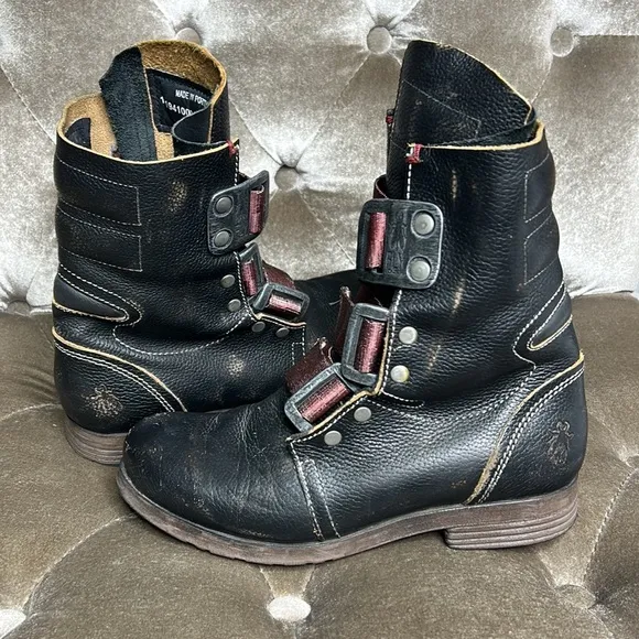 Fly London Kiff motorcycle moto leather strap round toe boots