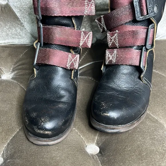 Fly London Kiff motorcycle moto leather strap round toe boots