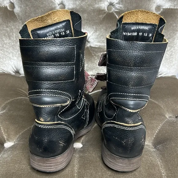 Fly London Kiff motorcycle moto leather strap round toe boots