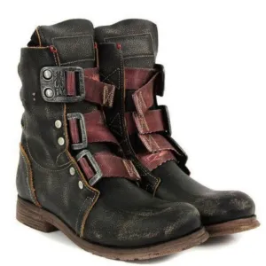 Fly London Kiff motorcycle moto leather strap round toe boots