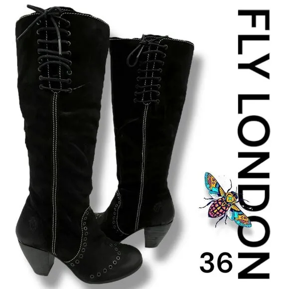 Fly London Women's Suede Side Zip Block Heel Knee High Boots Black Size 36