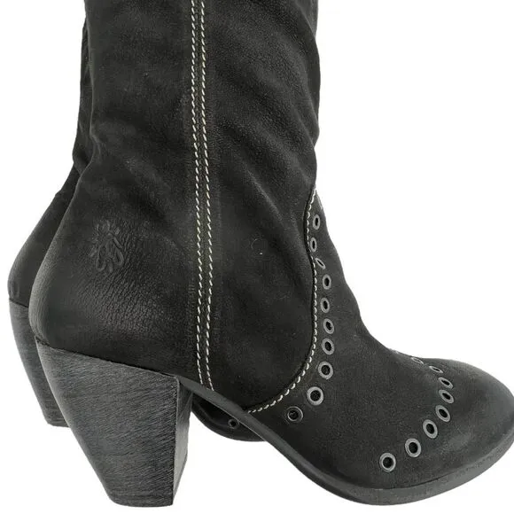 Fly London Women's Suede Side Zip Block Heel Knee High Boots Black Size 36