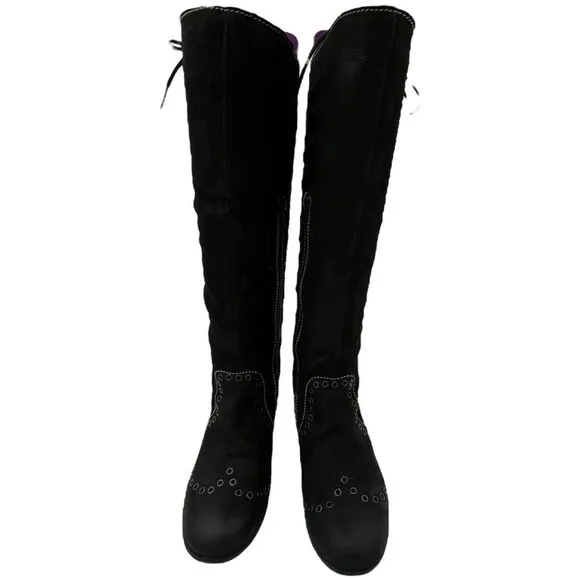 Fly London Women's Suede Side Zip Block Heel Knee High Boots Black Size 36