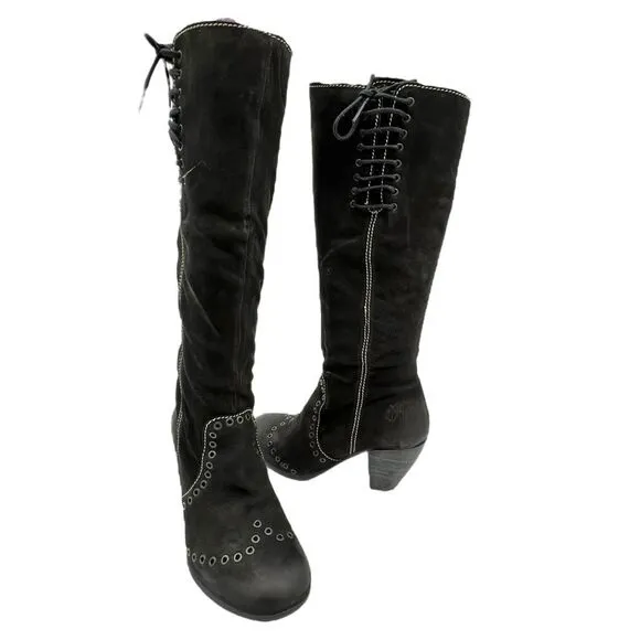 Fly London Women's Suede Side Zip Block Heel Knee High Boots Black Size 36