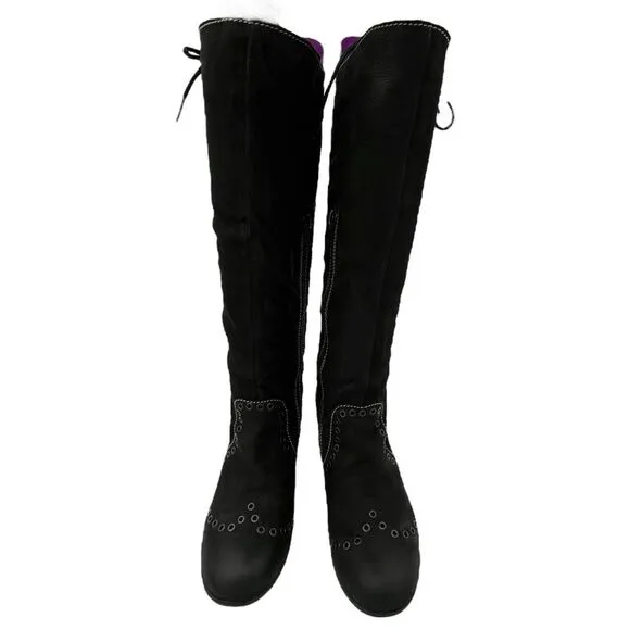 Fly London Women's Suede Side Zip Block Heel Knee High Boots Black Size 36