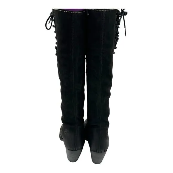 Fly London Women's Suede Side Zip Block Heel Knee High Boots Black Size 36