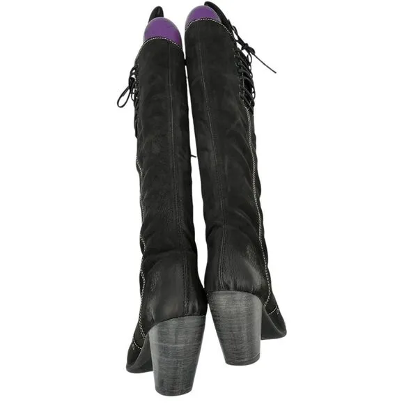 Fly London Women's Suede Side Zip Block Heel Knee High Boots Black Size 36