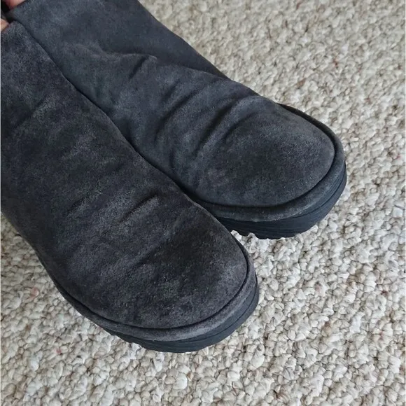 Fly London Yebi Ruched Suede Wedge Booties Shoes Gray Size 37