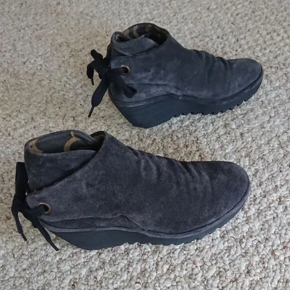 Fly London Yebi Ruched Suede Wedge Booties Shoes Gray Size 37