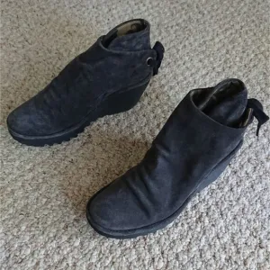 Fly London Yebi Ruched Suede Wedge Booties Shoes Gray Size 37