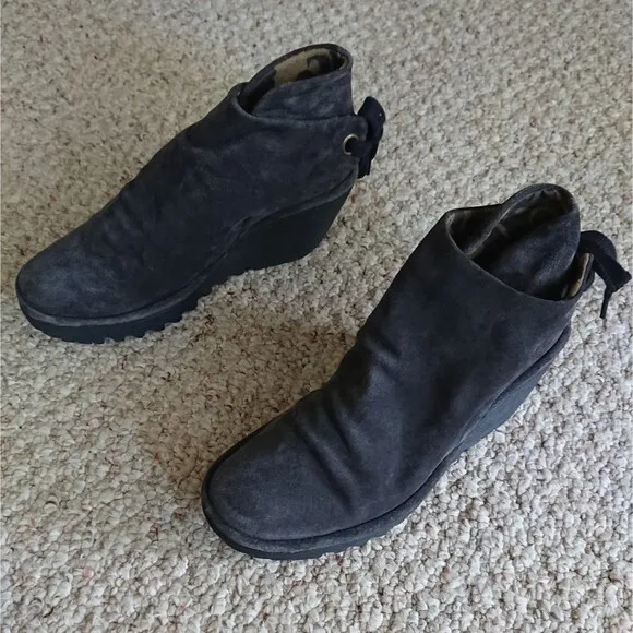 Fly London Yebi Ruched Suede Wedge Booties Shoes Gray Size 37