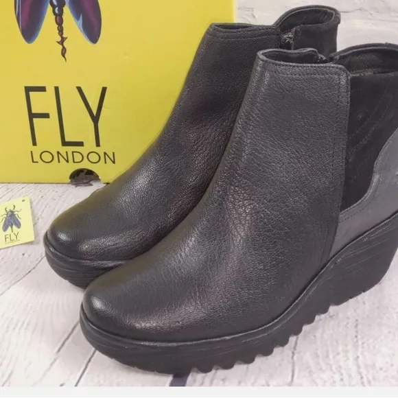 Fly London Yip Black Leather Zipped Wedge Round Toe Ankle Booties