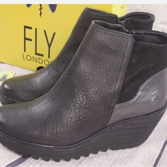 Fly London Yip Black Leather Zipped Wedge Round Toe Ankle Booties