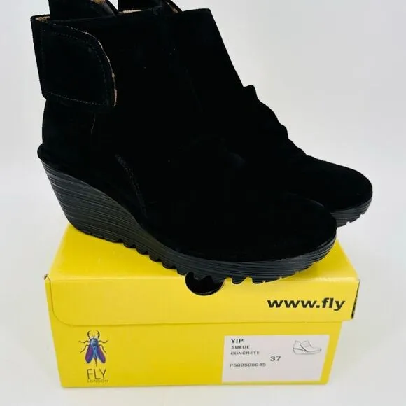 Fly London Yip Wedge Booties Size EU 37 US 6.5/7 Black Suede Ruched Ankle Boots