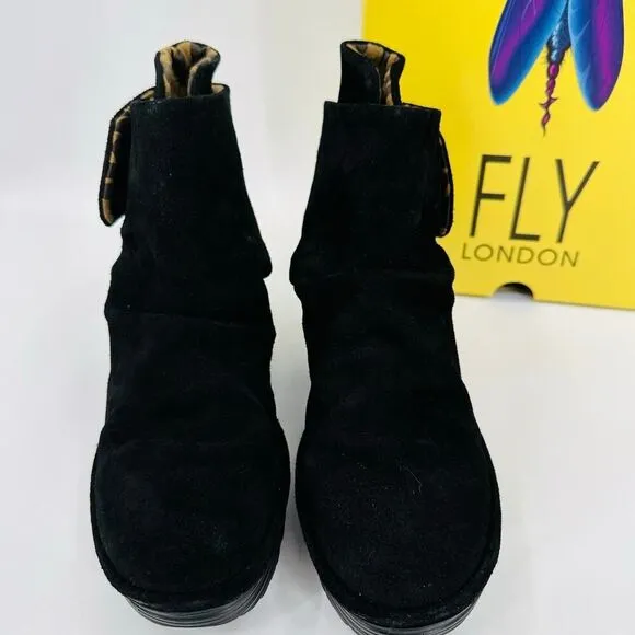 Fly London Yip Wedge Booties Size EU 37 US 6.5/7 Black Suede Ruched Ankle Boots