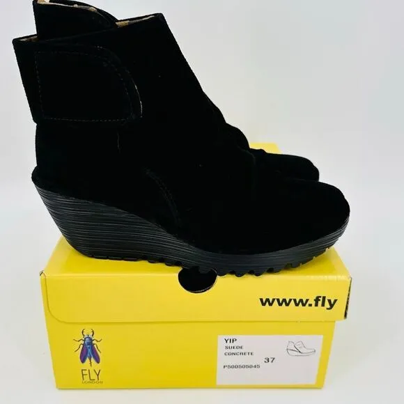Fly London Yip Wedge Booties Size EU 37 US 6.5/7 Black Suede Ruched Ankle Boots