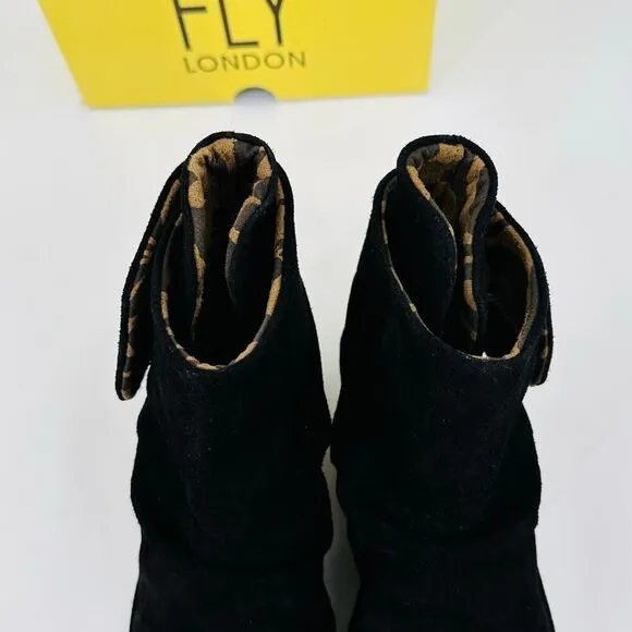Fly London Yip Wedge Booties Size EU 37 US 6.5/7 Black Suede Ruched Ankle Boots