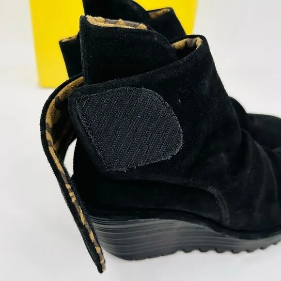 Fly London Yip Wedge Booties Size EU 37 US 6.5/7 Black Suede Ruched Ankle Boots