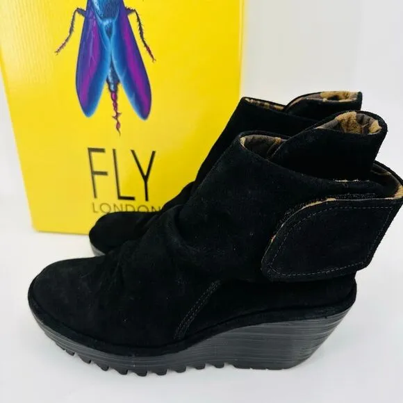 Fly London Yip Wedge Booties Size EU 37 US 6.5/7 Black Suede Ruched Ankle Boots