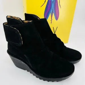 Fly London Yip Wedge Booties Size EU 37 US 6.5/7 Black Suede Ruched Ankle Boots