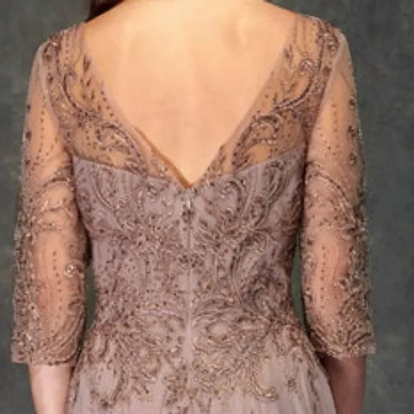 Formal dress, chiffon mauve pink 3/4 sleeve beaded dress