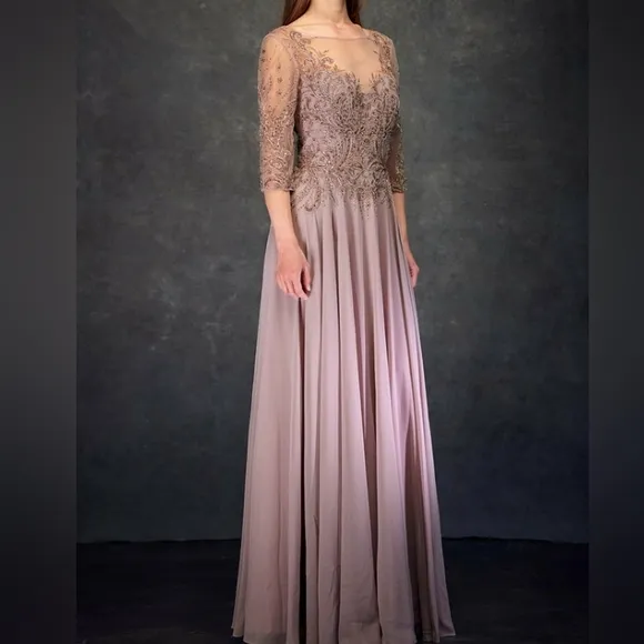 Formal dress, chiffon mauve pink 3/4 sleeve beaded dress