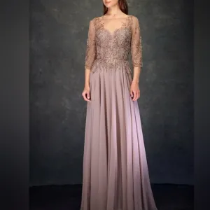 Formal dress, chiffon mauve pink 3/4 sleeve beaded dress