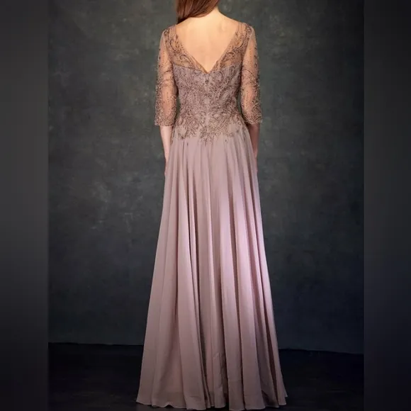 Formal dress, chiffon mauve pink 3/4 sleeve beaded dress