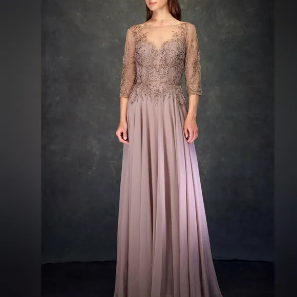 Formal dress, chiffon mauve pink 3/4 sleeve beaded dress