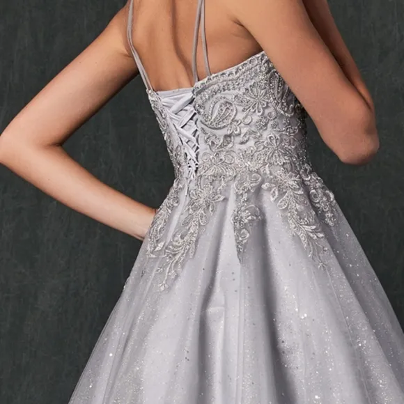 formal dress, silver, burgundy, blue, lilac short lace up back dress