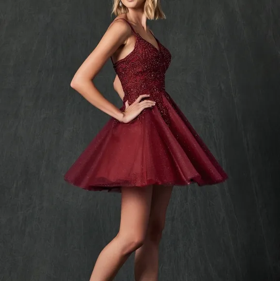 formal dress, silver, burgundy, blue, lilac short lace up back dress
