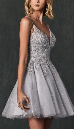 formal dress, silver, burgundy, blue, lilac short lace up back dress